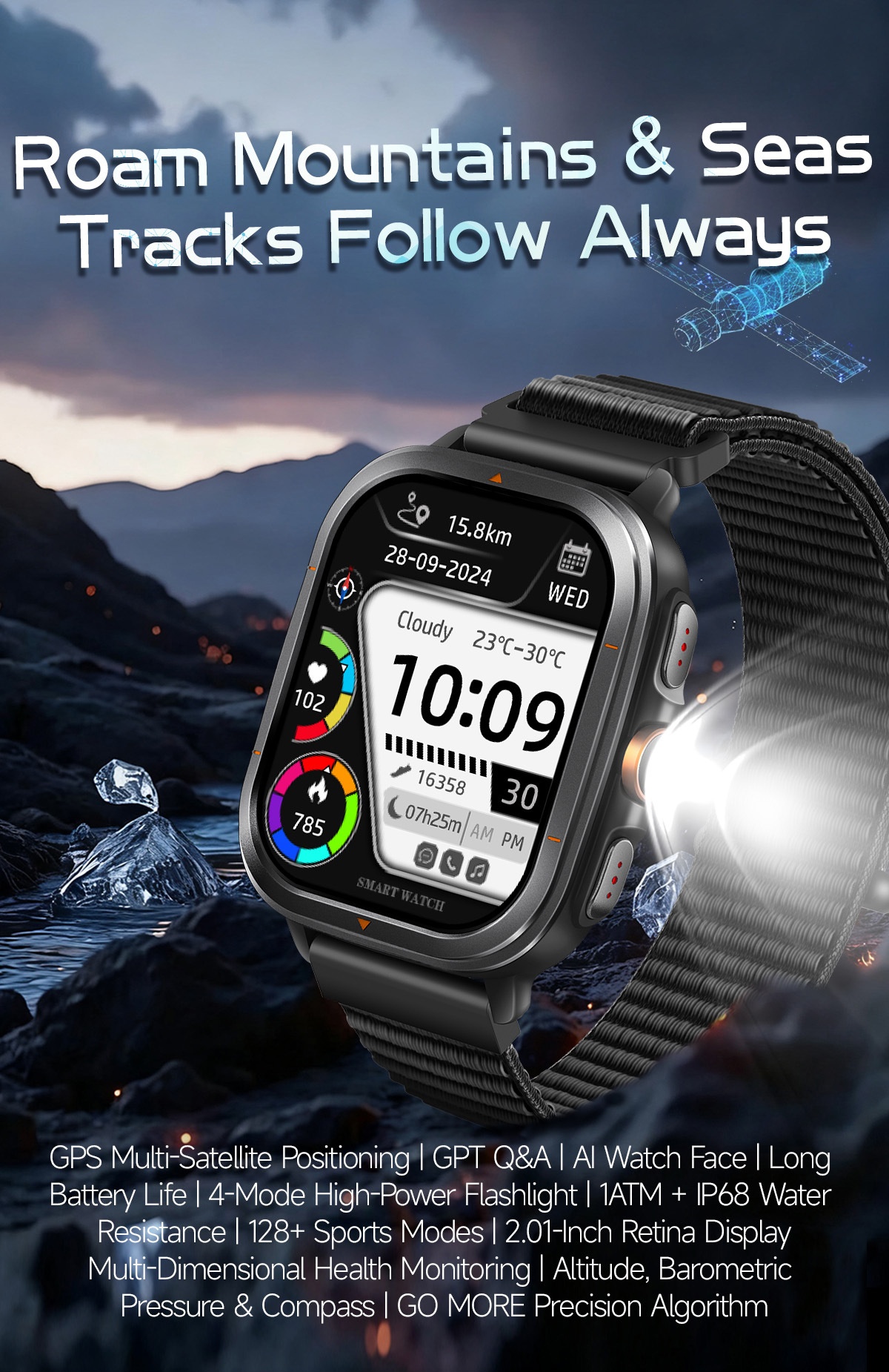 TS500 GPS Sports Smart Watch with Square AMOLED Display & BT Calling