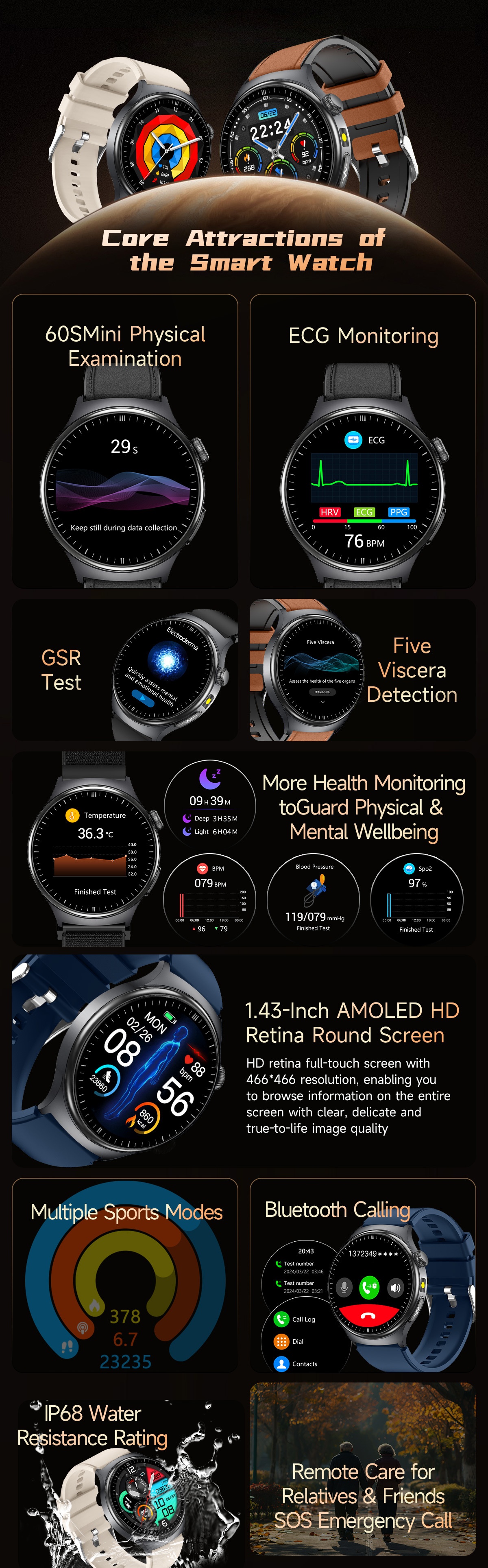 TK27 Smart Watch with Round AMOLED Display, ECG, SpO2 & Bluetooth Call