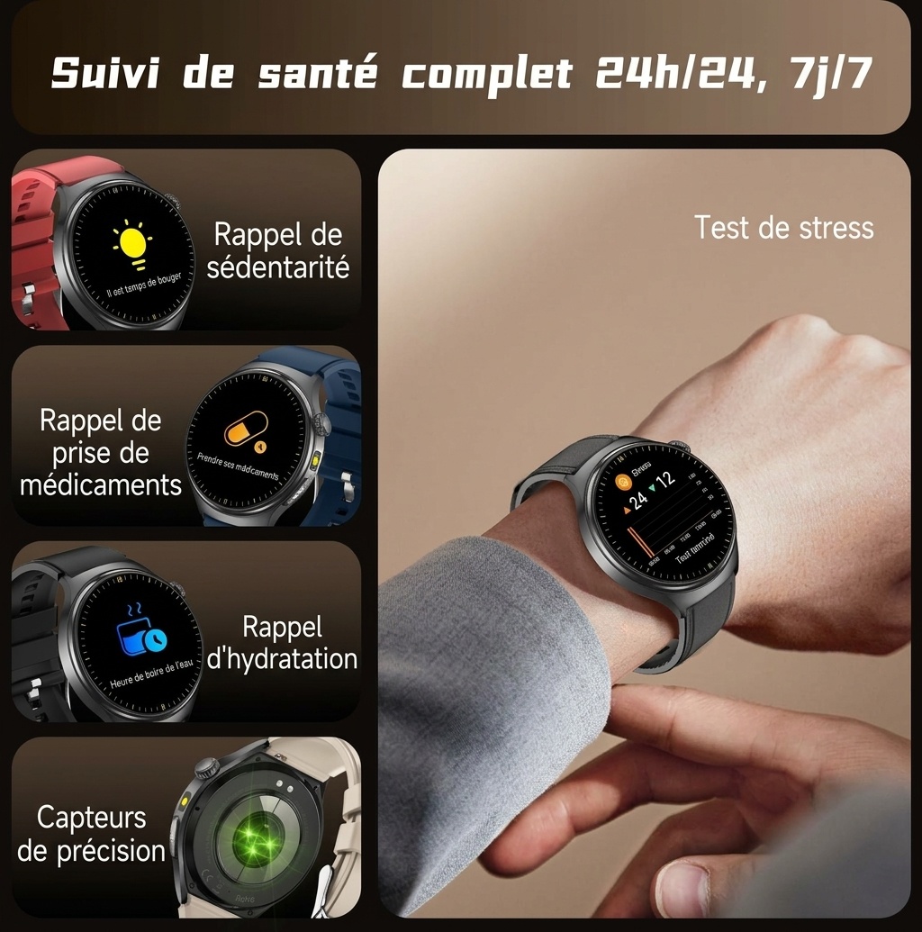 Montre connectée TK27 avec écran AMOLED rond, ECG, SpO2 et appels Bluetooth