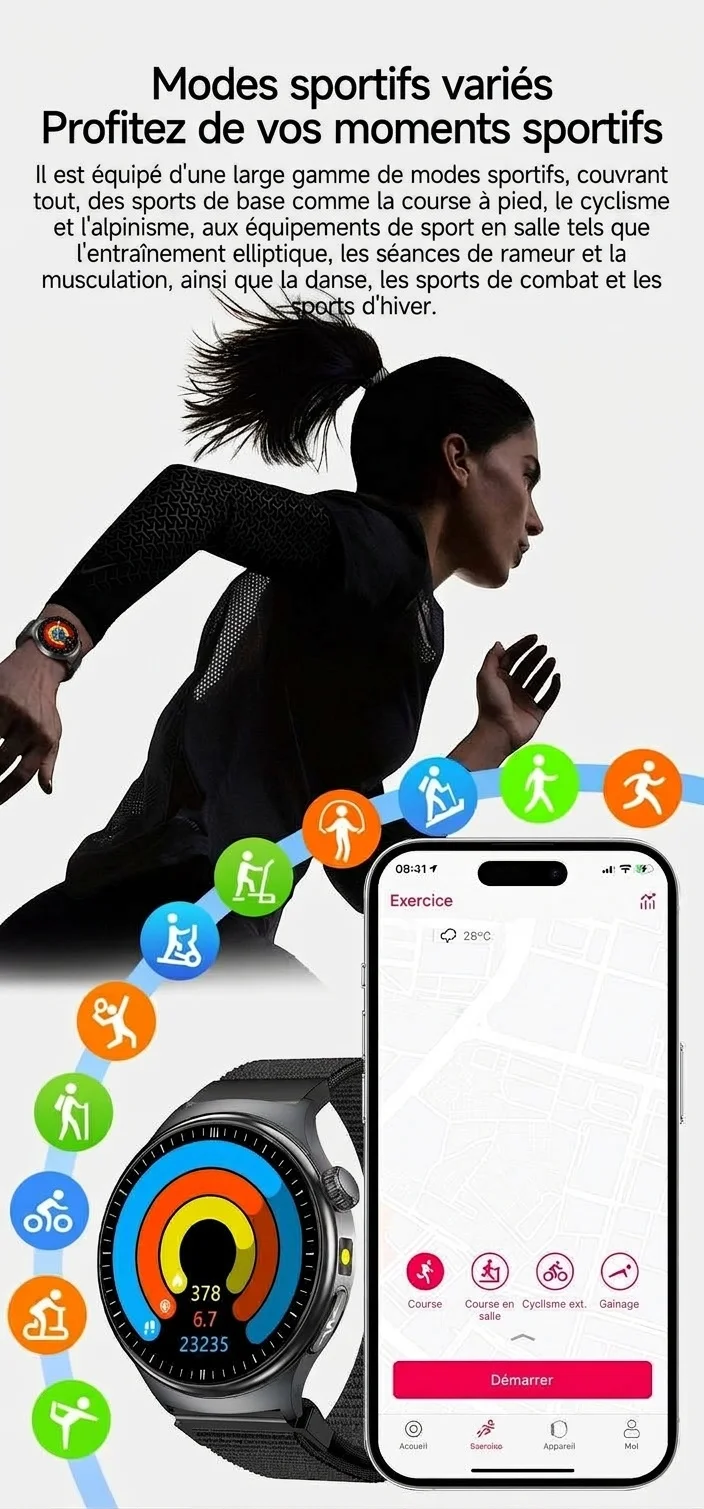 Montre connectée TK27 avec écran AMOLED rond, ECG, SpO2 et appels Bluetooth