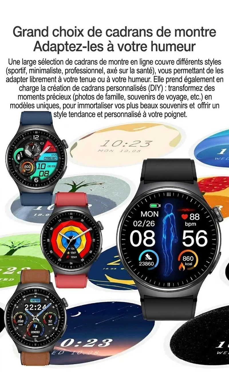 Montre connectée TK27 avec écran AMOLED rond, ECG, SpO2 et appels Bluetooth