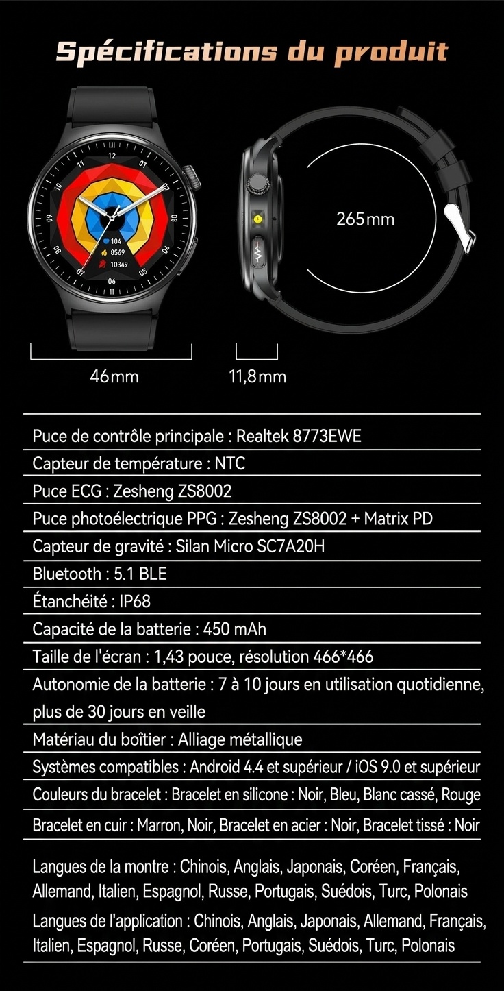 Montre connectée TK27 avec écran AMOLED rond, ECG, SpO2 et appels Bluetooth
