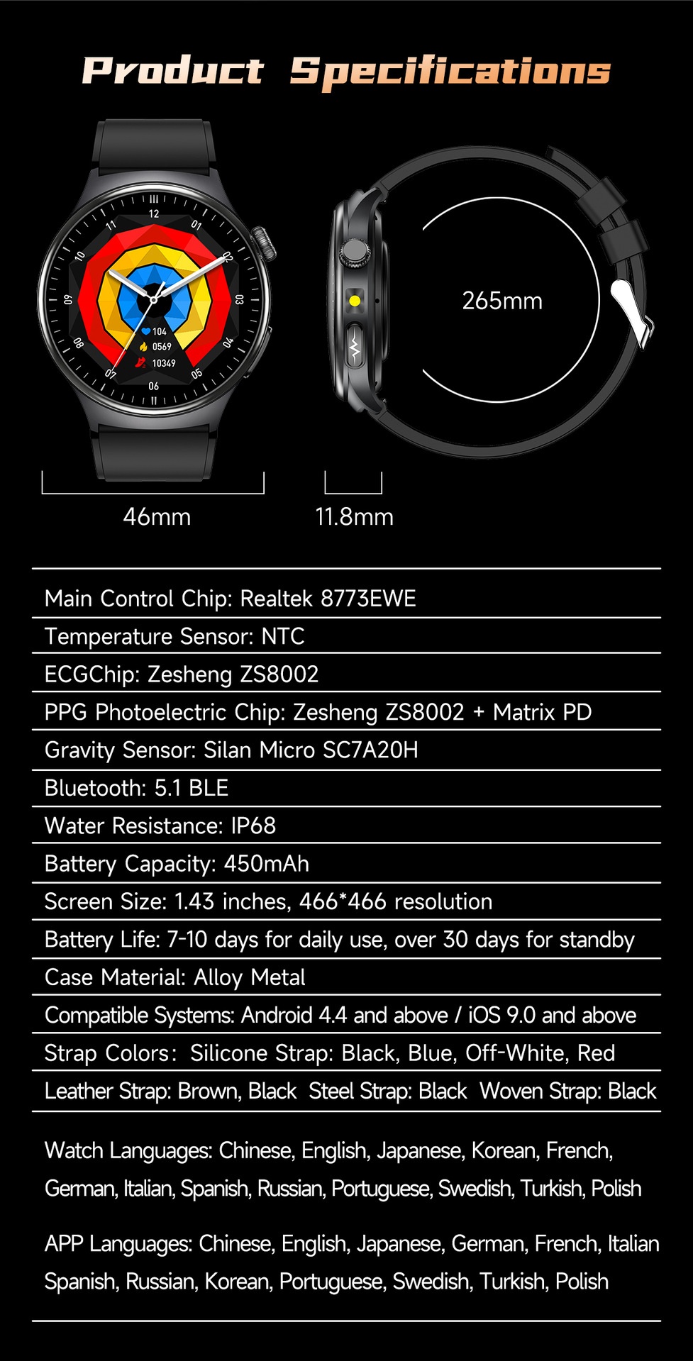 TK27 Smart Watch with Round AMOLED Display, ECG, SpO2 & Bluetooth Call