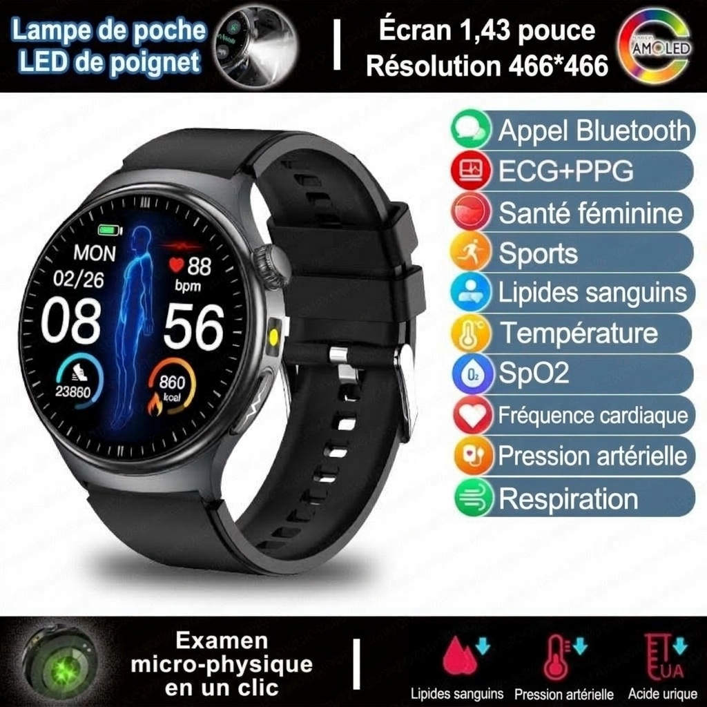 Montre connectée TK27 avec écran AMOLED rond, ECG, SpO2 et appels Bluetooth