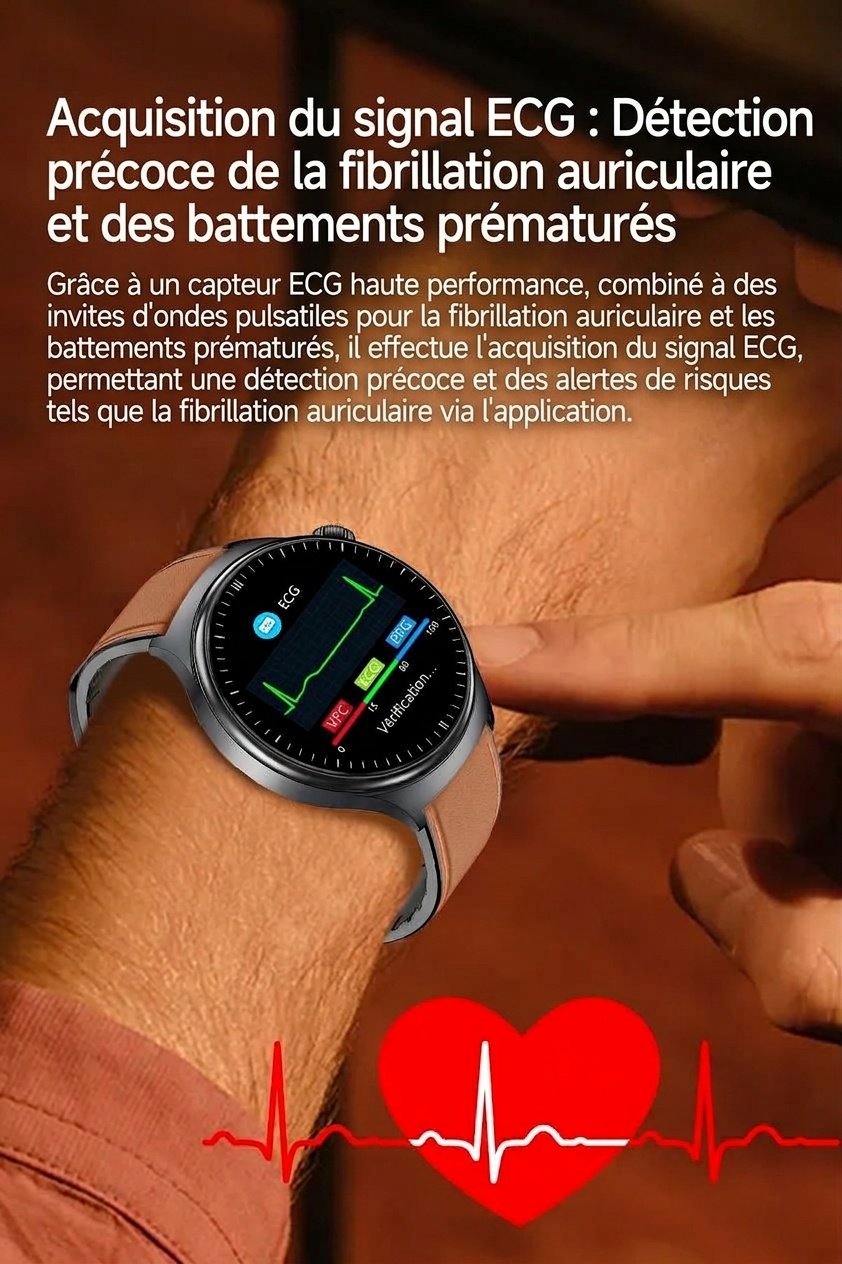 Montre connectée TK27 avec écran AMOLED rond, ECG, SpO2 et appels Bluetooth