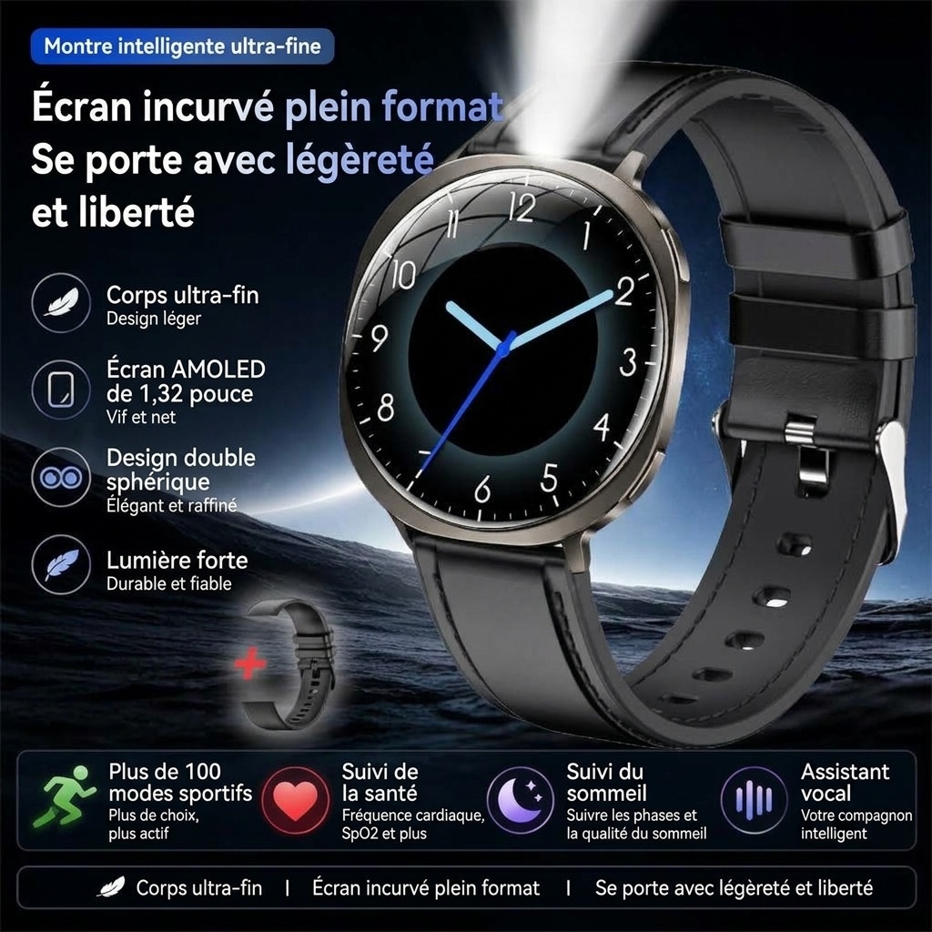 Montre connectée ultra-mince M301 avec écran AMOLED incurvé et suivi d'activité physique