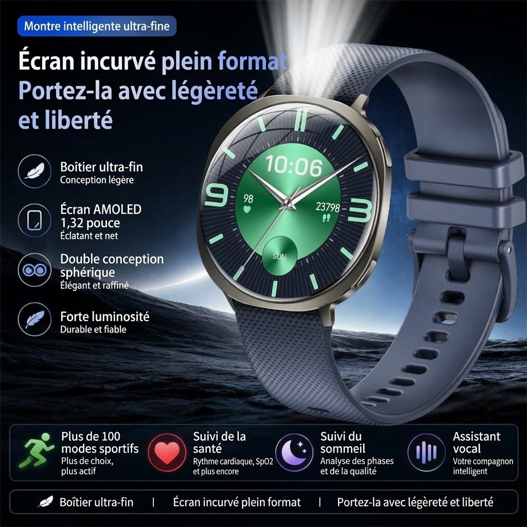 Montre connectée ultra-mince M301 avec écran AMOLED incurvé et suivi d'activité physique
