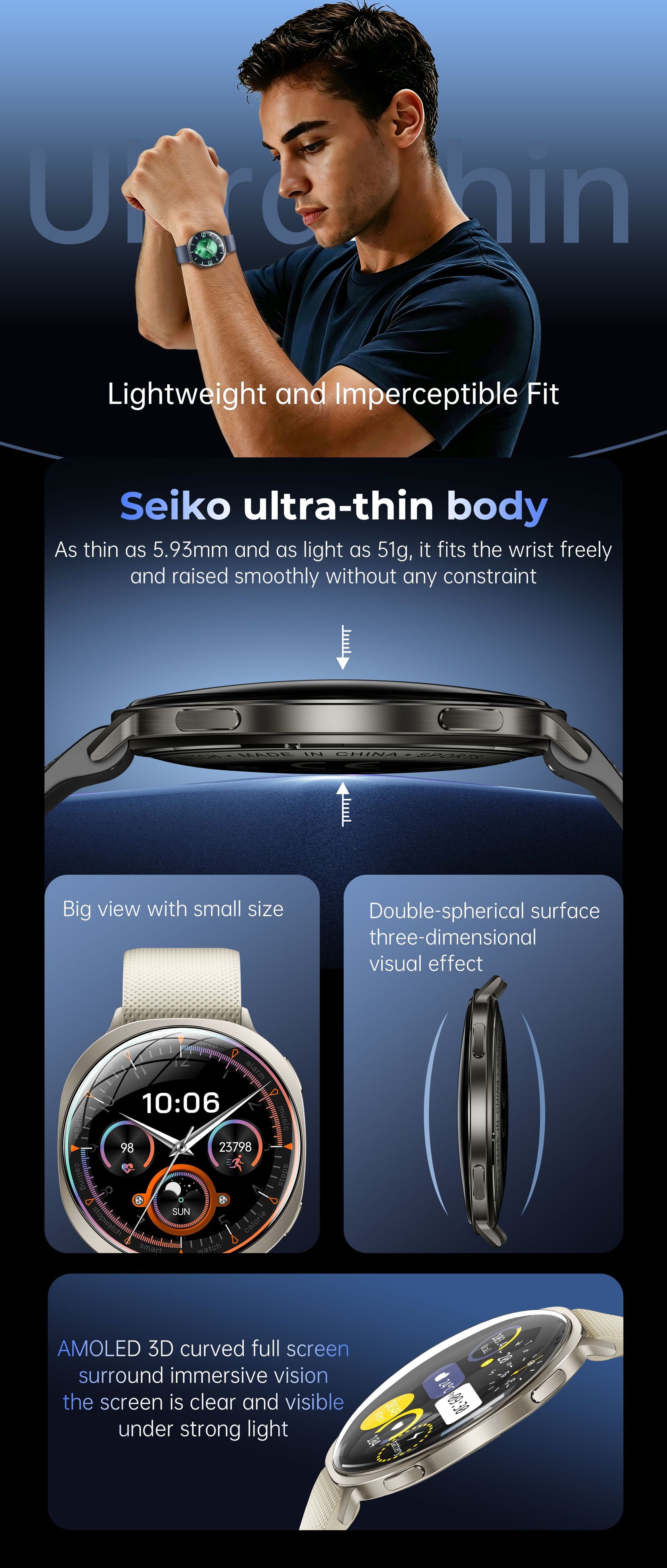 M301 Ultra-Thin Smart Watch with Curved AMOLED Screen & Fitness Tracker