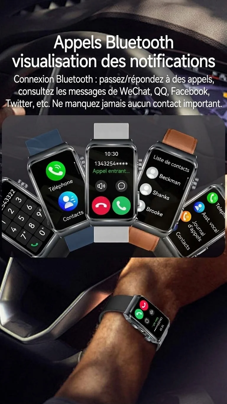 Montre connectée TK73 avec écran rectangulaire et appels Bluetooth
