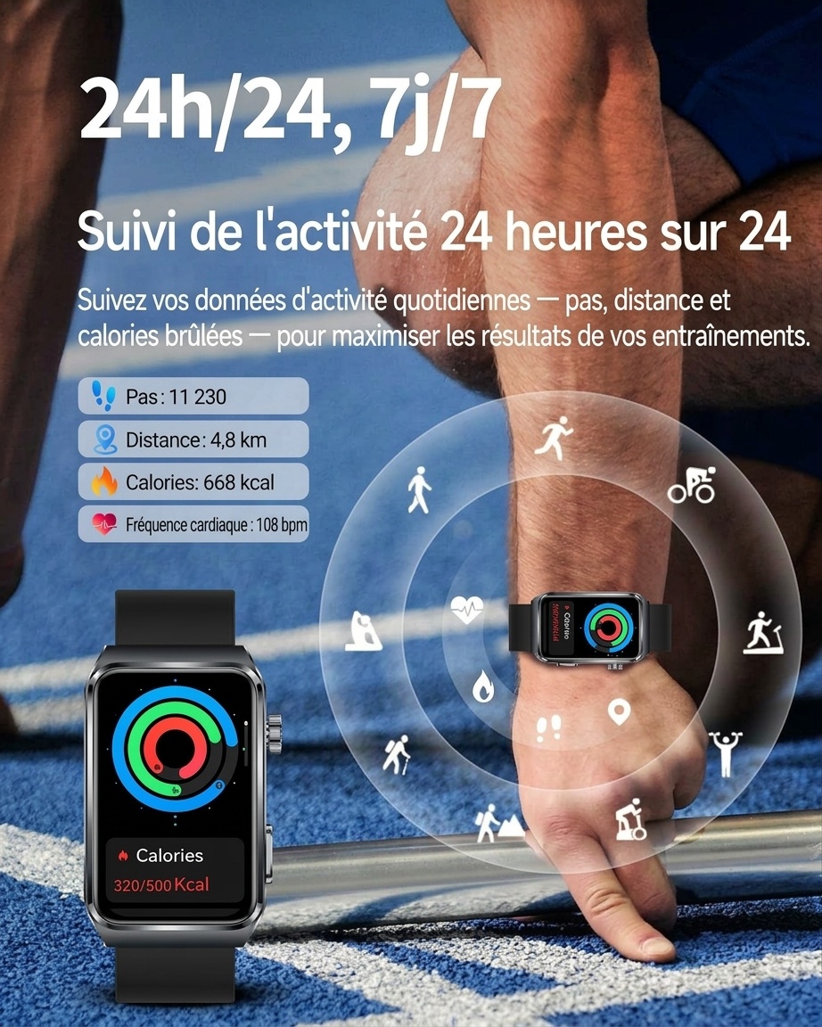 Montre connectée TK73 avec écran rectangulaire et appels Bluetooth
