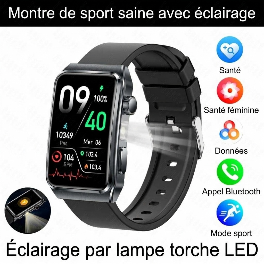 Montre connectée TK73 avec écran rectangulaire et appels Bluetooth