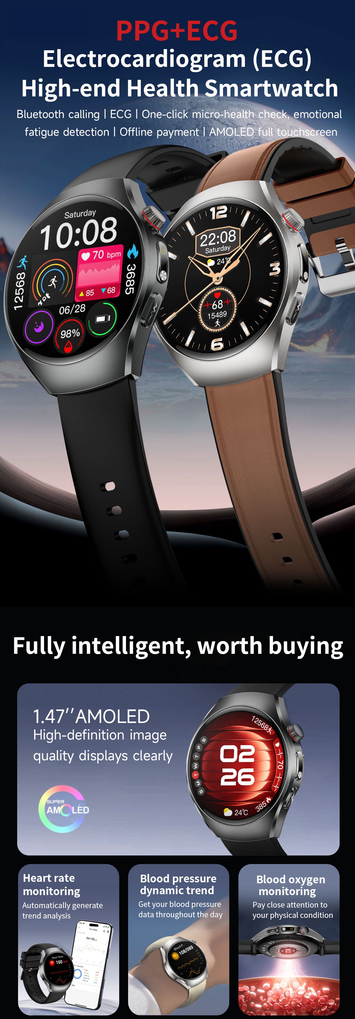 Smart Watch with Round AMOLED Display, ECG, Blood Oxygen & BT Calling
