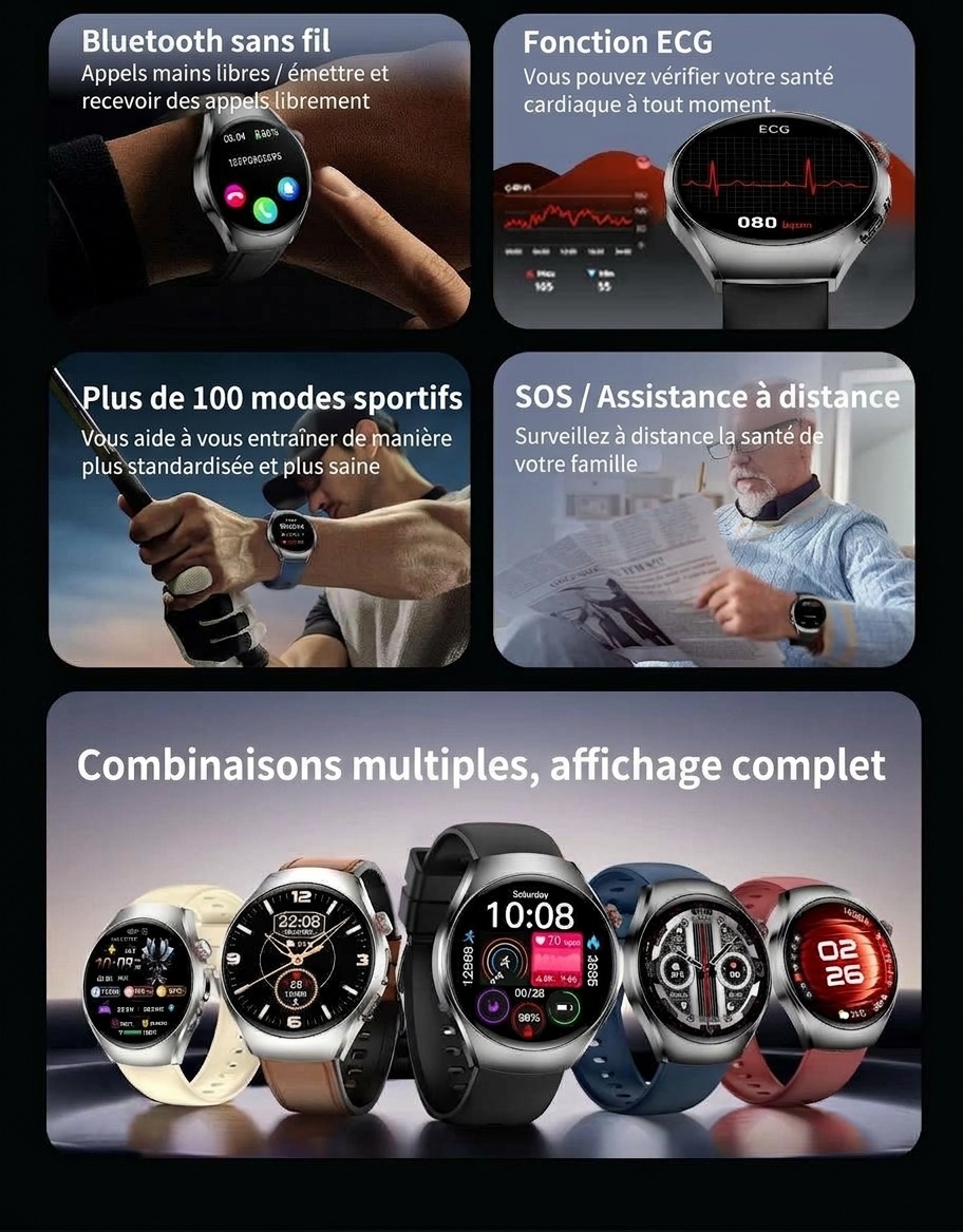 Montre connectée avec écran AMOLED rond, ECG, oxymètre de pouls et appels Bluetooth