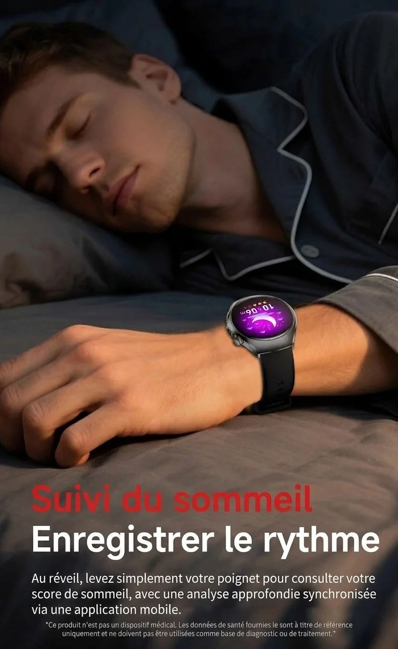Montre connectée avec écran AMOLED rond, ECG, oxymètre de pouls et appels Bluetooth