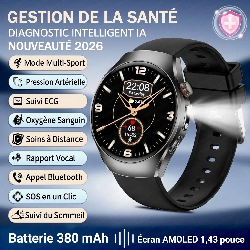 Montre connectée avec écran AMOLED rond, ECG, oxymètre de pouls et appels Bluetooth
