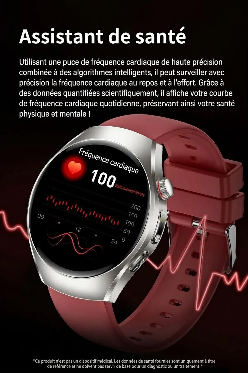 Montre connectée avec écran AMOLED rond, ECG, oxymètre de pouls et appels Bluetooth