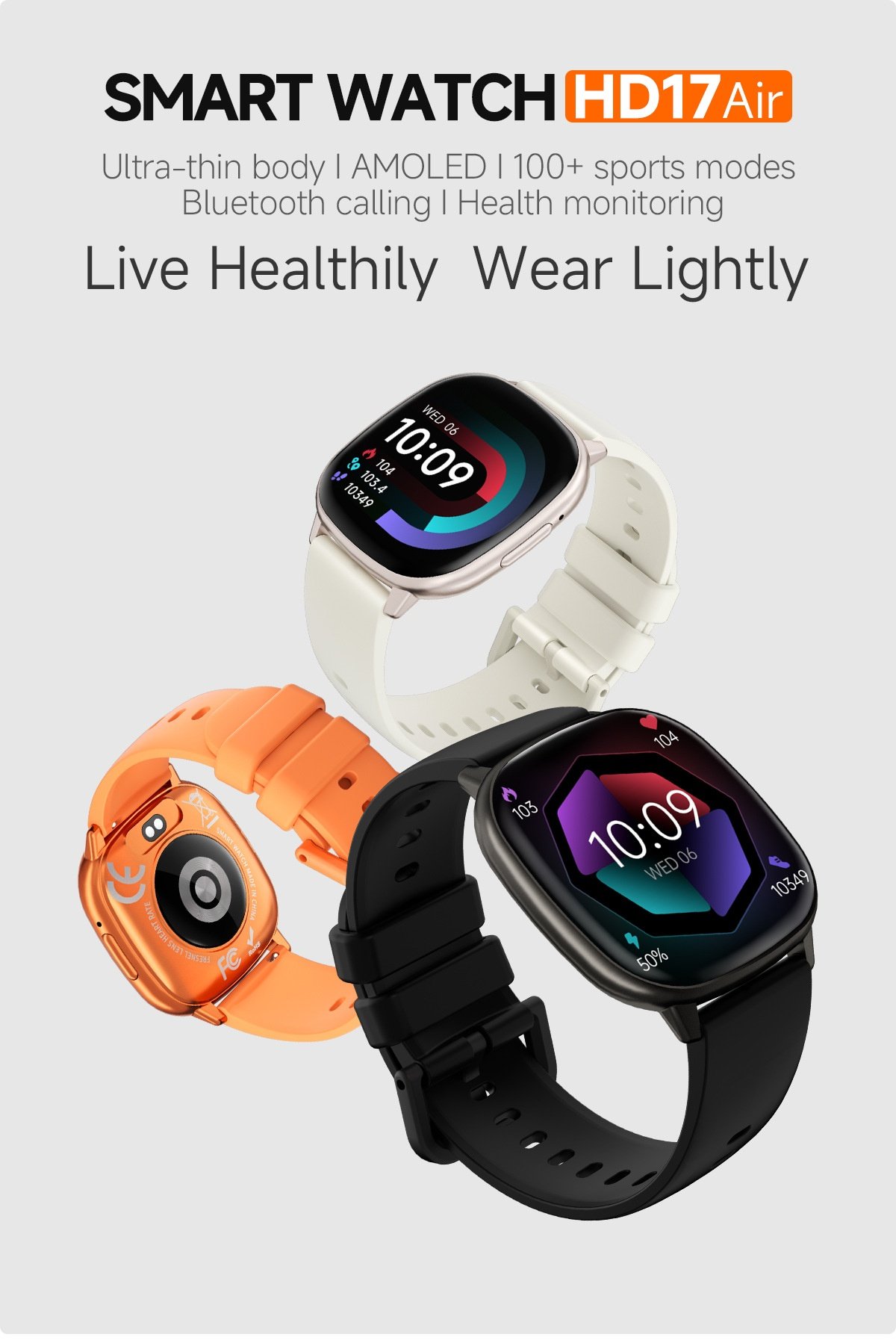 HD17 Air Smart Watch with Square AMOLED Display & Bluetooth Calling