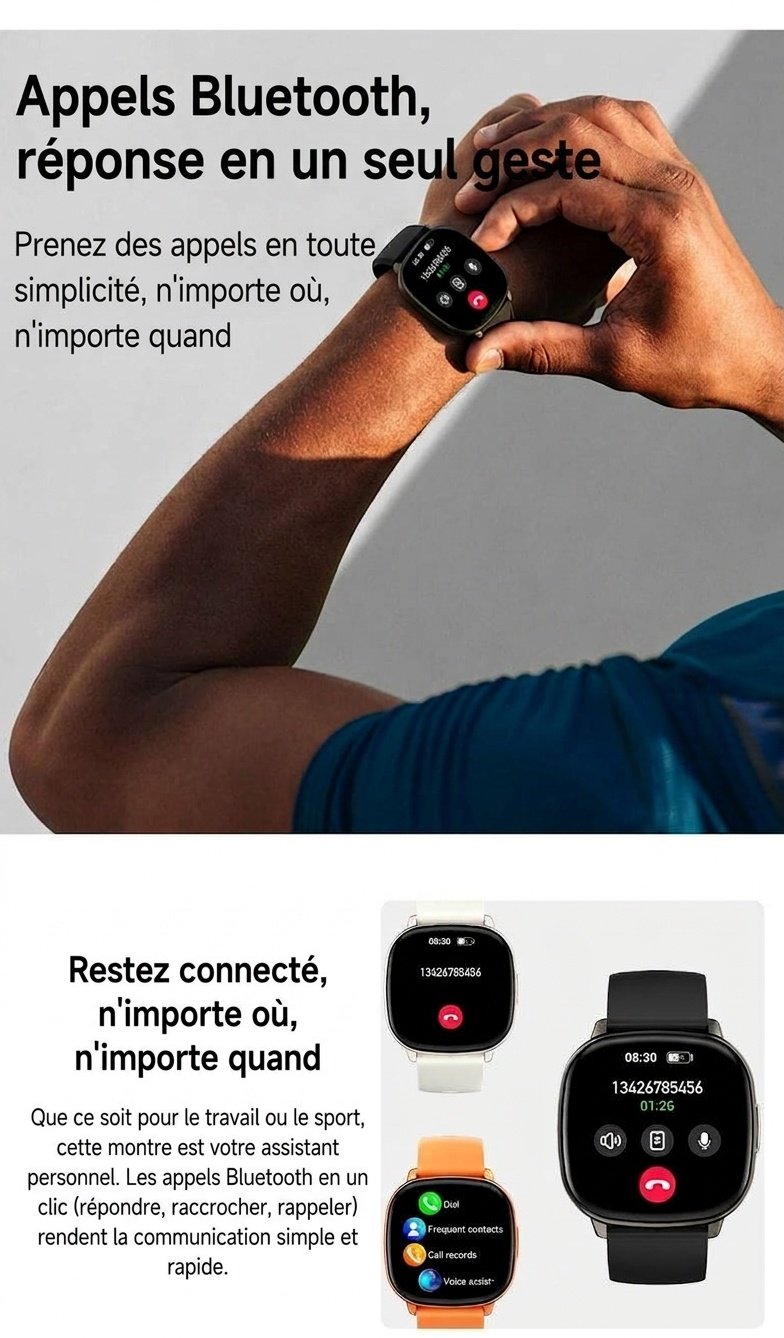 Montre connectée HD17 Air avec écran AMOLED carré et appels Bluetooth