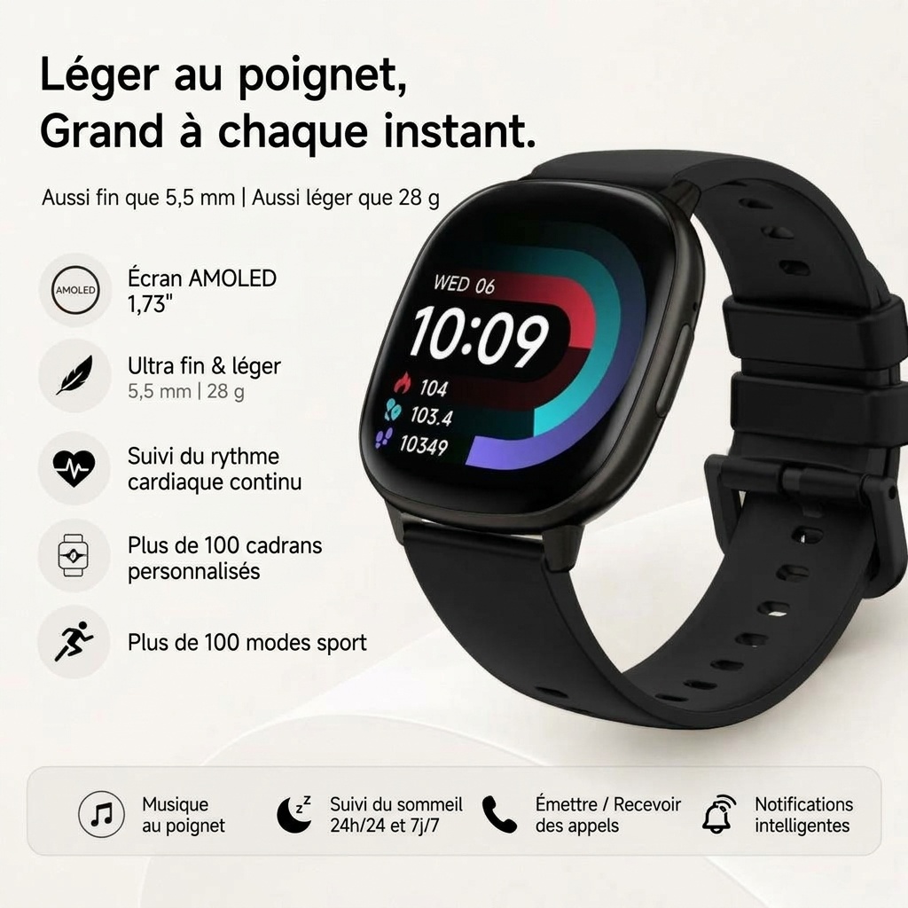 Montre connectée HD17 Air avec écran AMOLED carré et appels Bluetooth