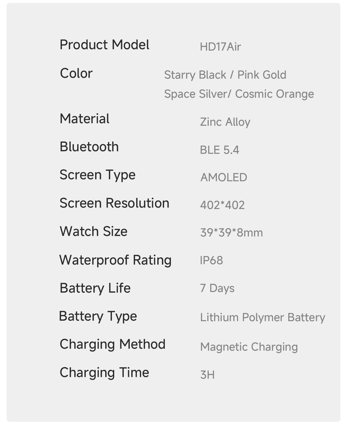 HD17 Air Smart Watch with Square AMOLED Display & Bluetooth Calling