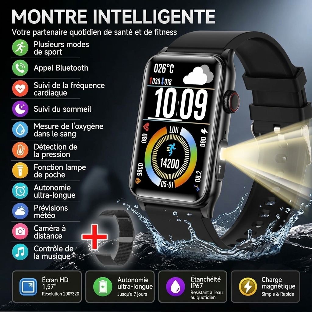Montre connectée G50 avec écran HD rectangulaire et appels Bluetooth