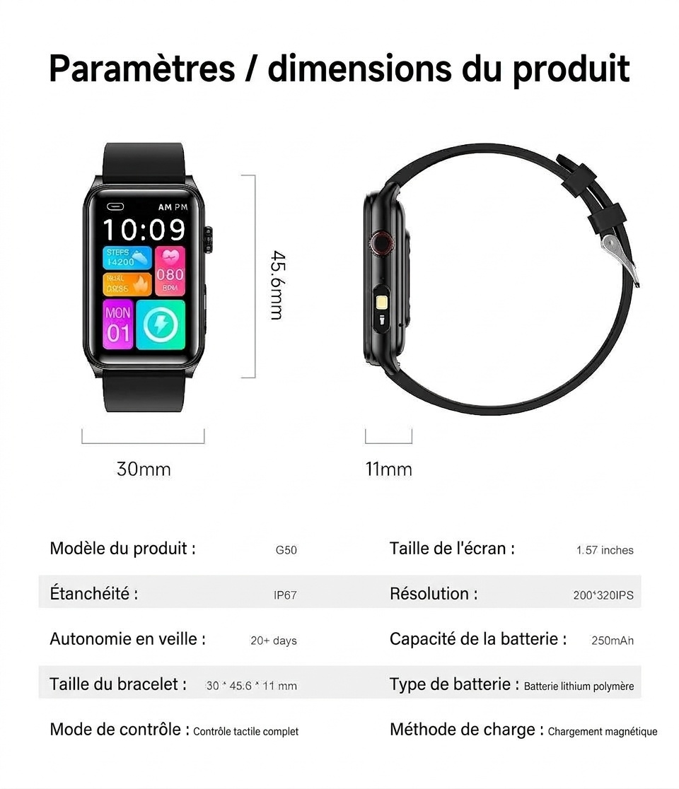 Montre connectée G50 avec écran HD rectangulaire et appels Bluetooth