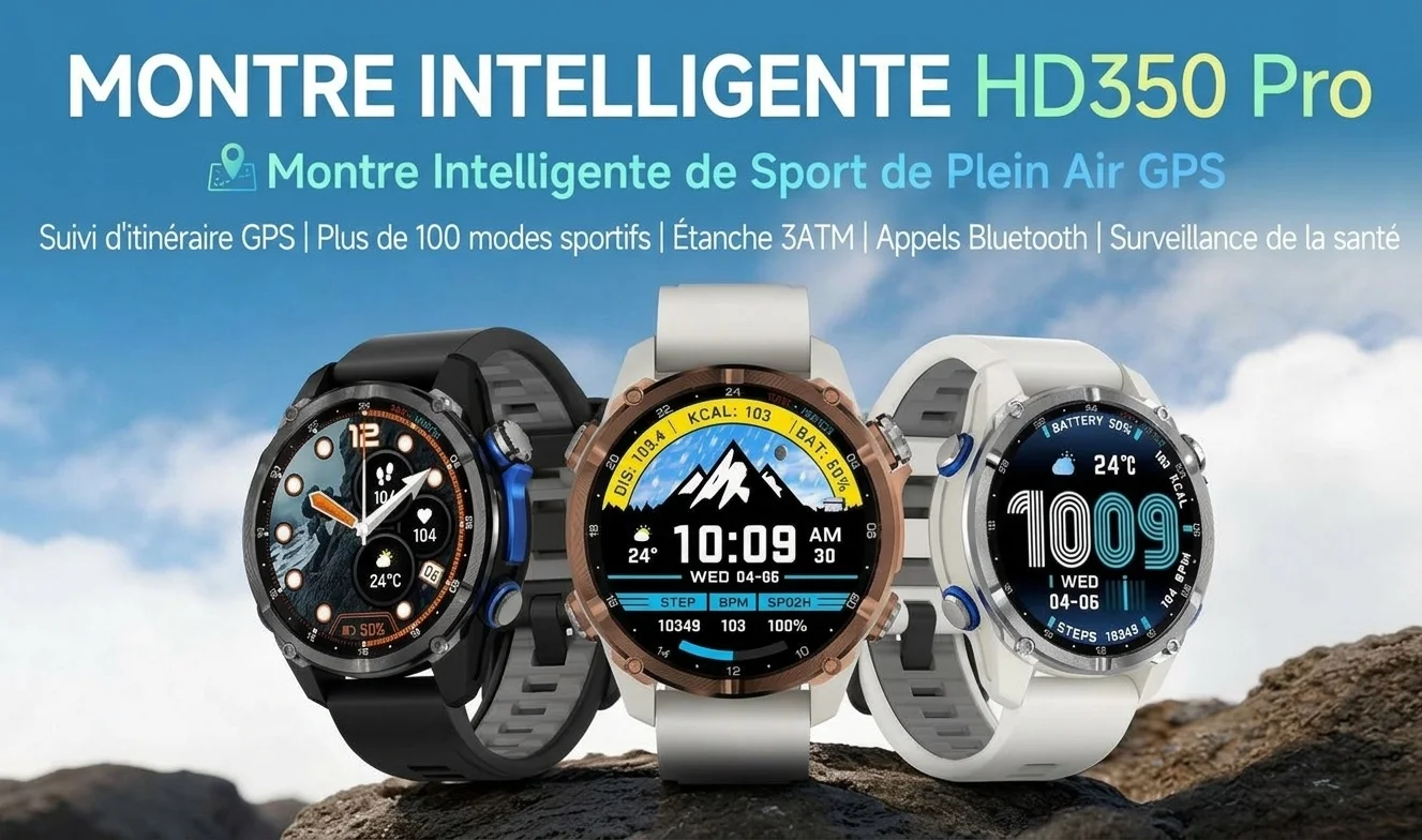 Montre connectée GPS HD350 Pro Outdoor avec écran AMOLED rond et étanchéité 3 ATM
