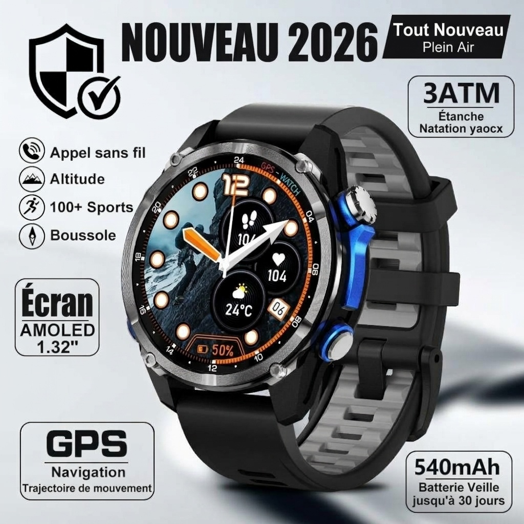 Montre connectée GPS HD350 Pro Outdoor avec écran AMOLED rond et étanchéité 3 ATM