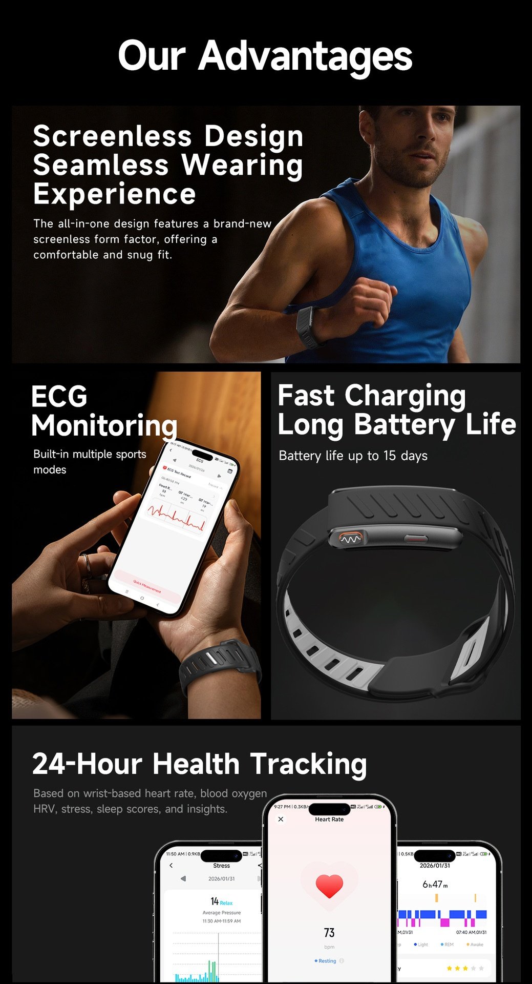 Screenless ECG+HRV Smart Band with Heart Rate & Sleep Tracker