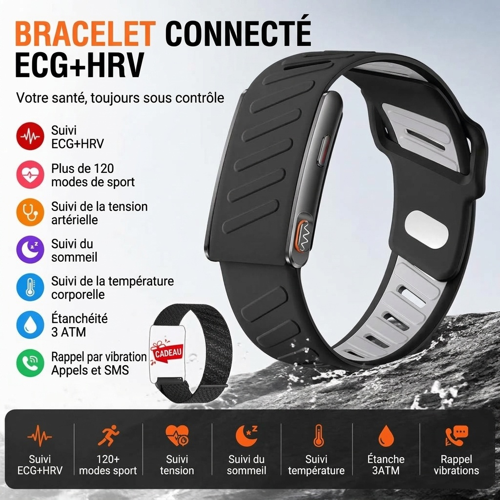 Bracelet connecté sans écran ECG+HRV avec suivi de la fréquence cardiaque et du sommeil
