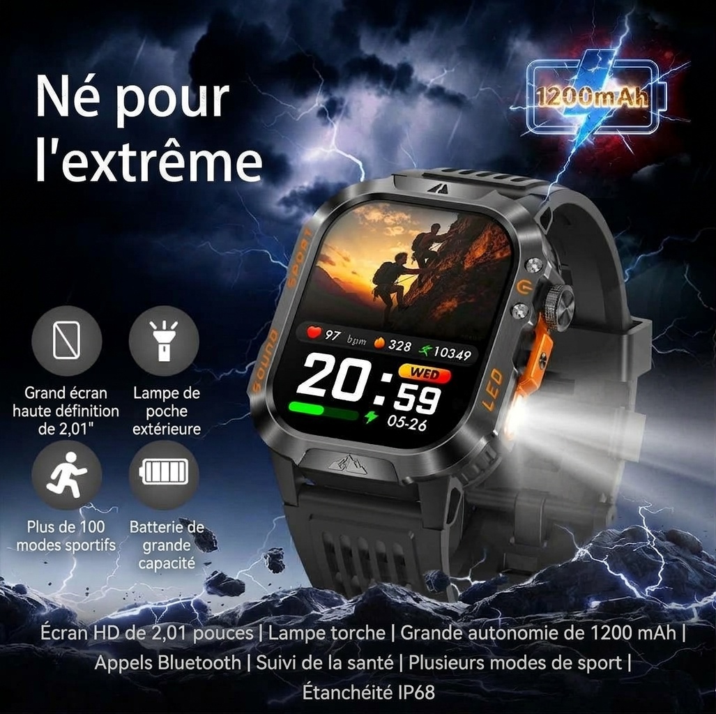 Montre connectée robuste HT46 avec écran HD 2,01 pouces, étanchéité IP68 et batterie 1200 mAh