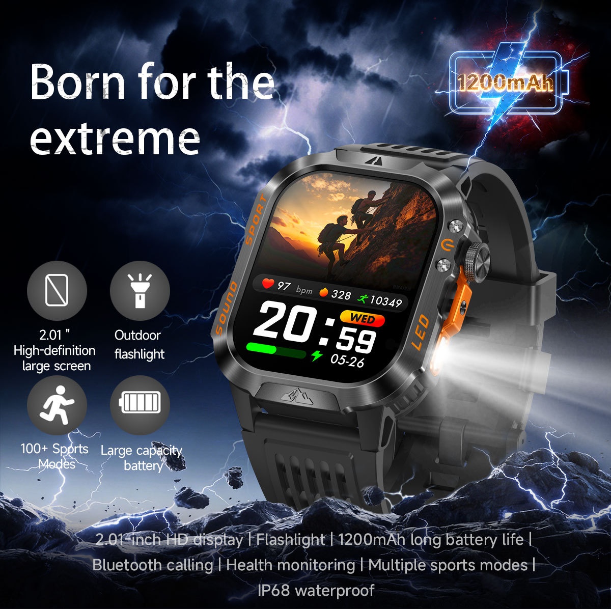HT46 Rugged Smart Watch with 2.01" HD Screen, IP68 & 1200mAh Battery
