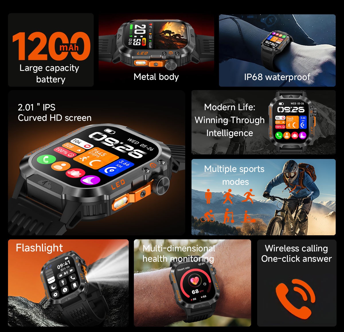 HT46 Rugged Smart Watch with 2.01" HD Screen, IP68 & 1200mAh Battery