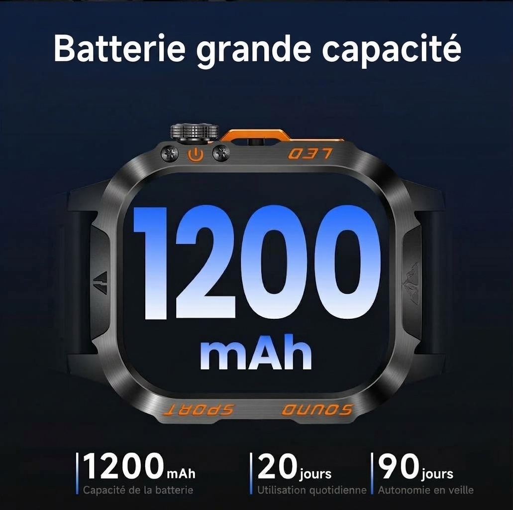 Montre connectée robuste HT46 avec écran HD 2,01 pouces, étanchéité IP68 et batterie 1200 mAh