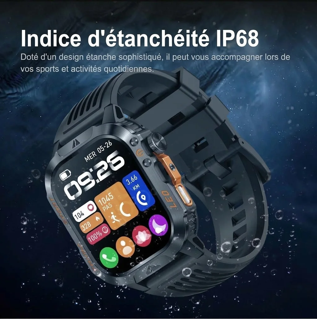 Montre connectée robuste HT46 avec écran HD 2,01 pouces, étanchéité IP68 et batterie 1200 mAh