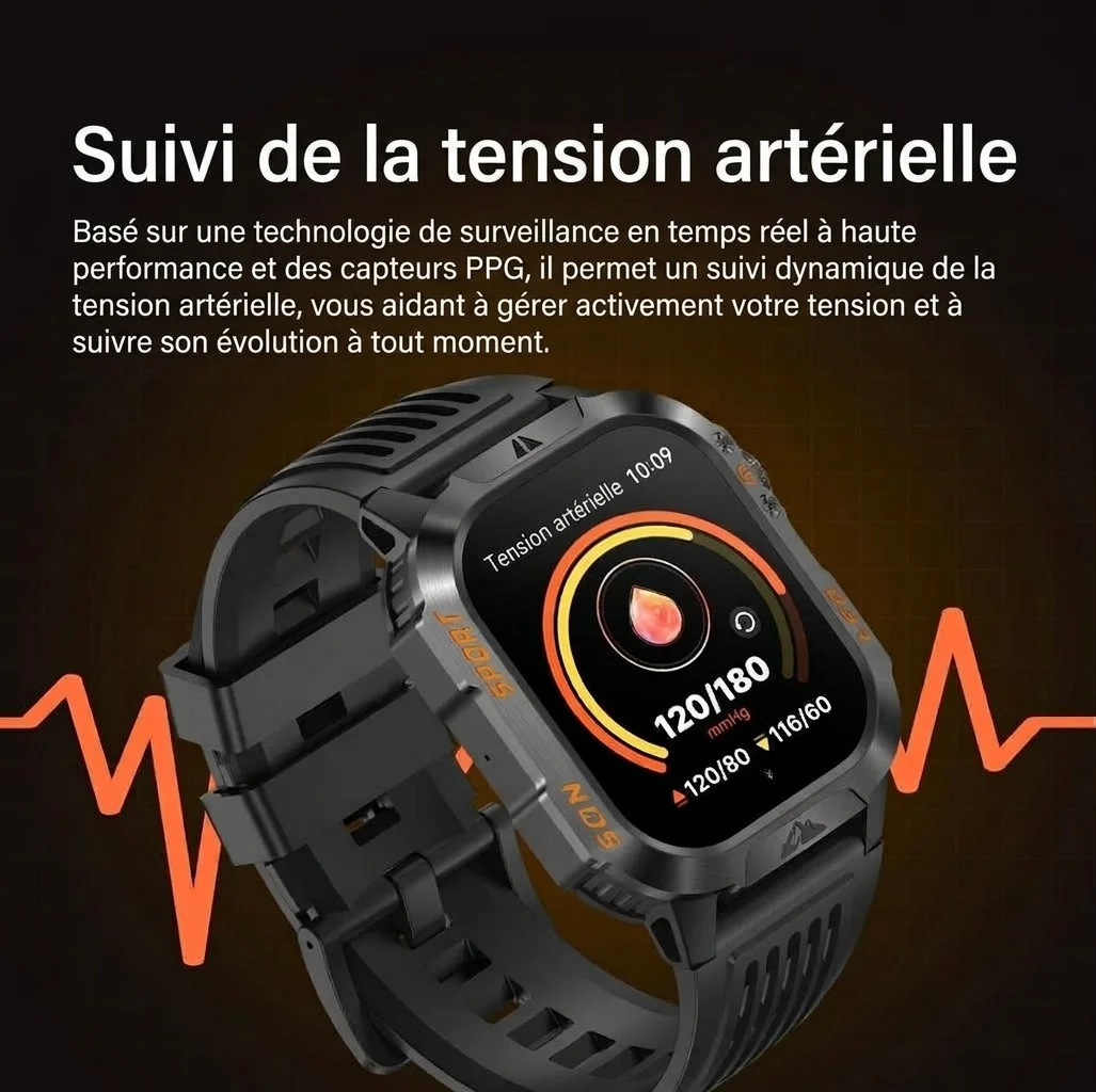 Montre connectée robuste HT46 avec écran HD 2,01 pouces, étanchéité IP68 et batterie 1200 mAh