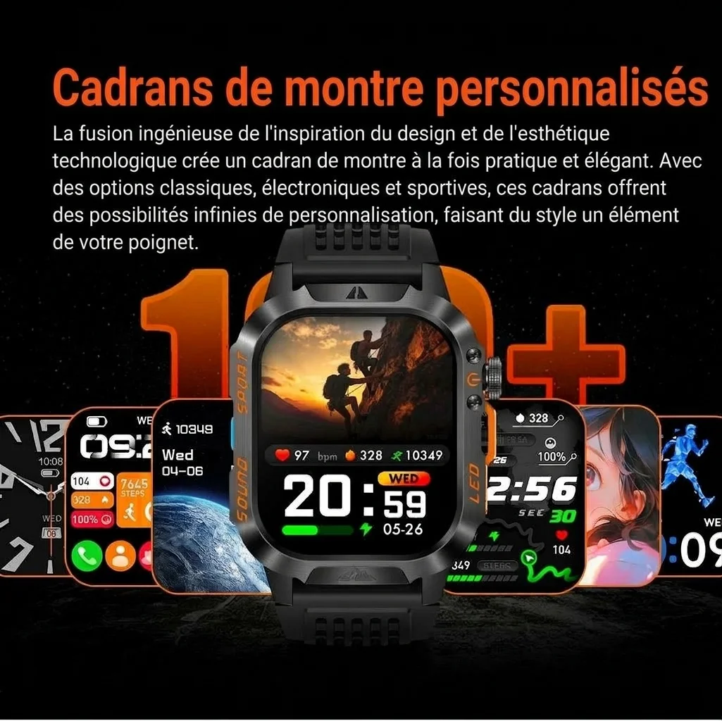 Montre connectée robuste HT46 avec écran HD 2,01 pouces, étanchéité IP68 et batterie 1200 mAh