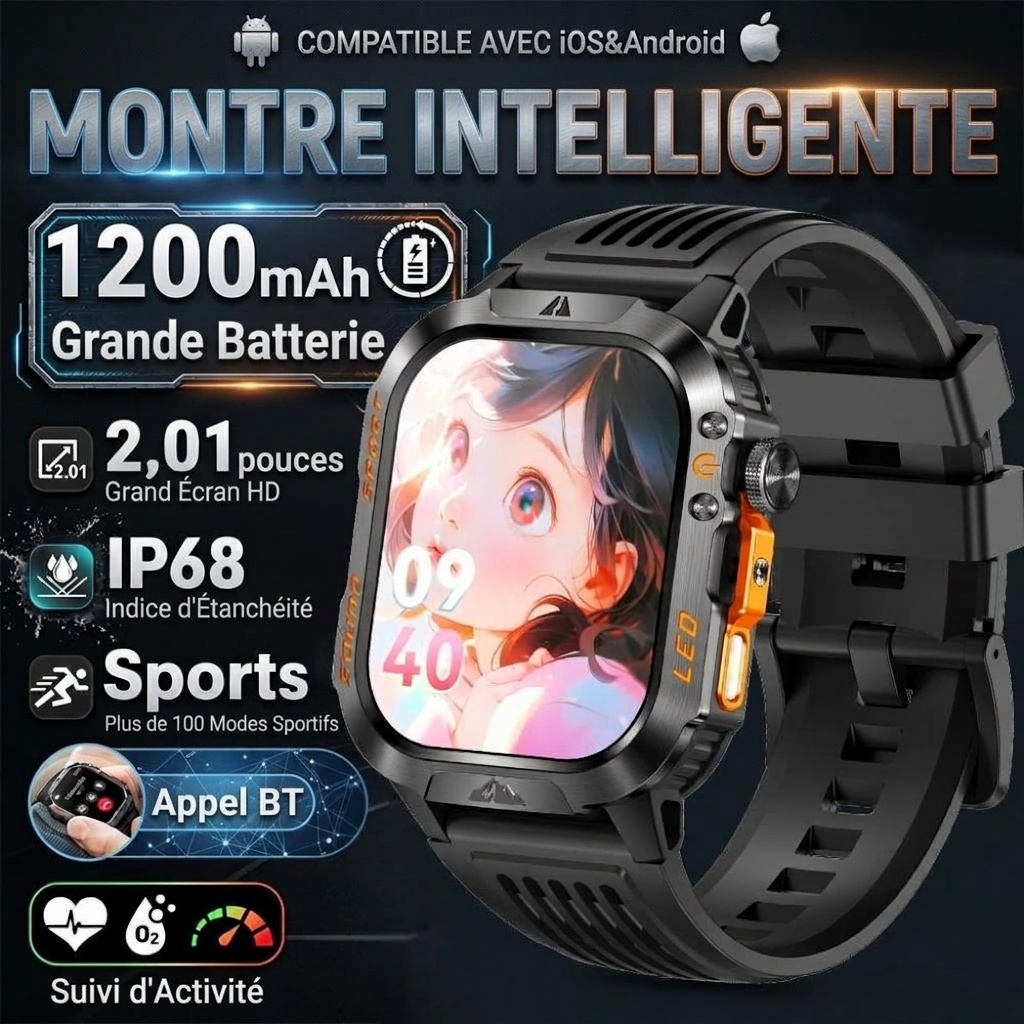 Montre connectée robuste HT46 avec écran HD 2,01 pouces, étanchéité IP68 et batterie 1200 mAh