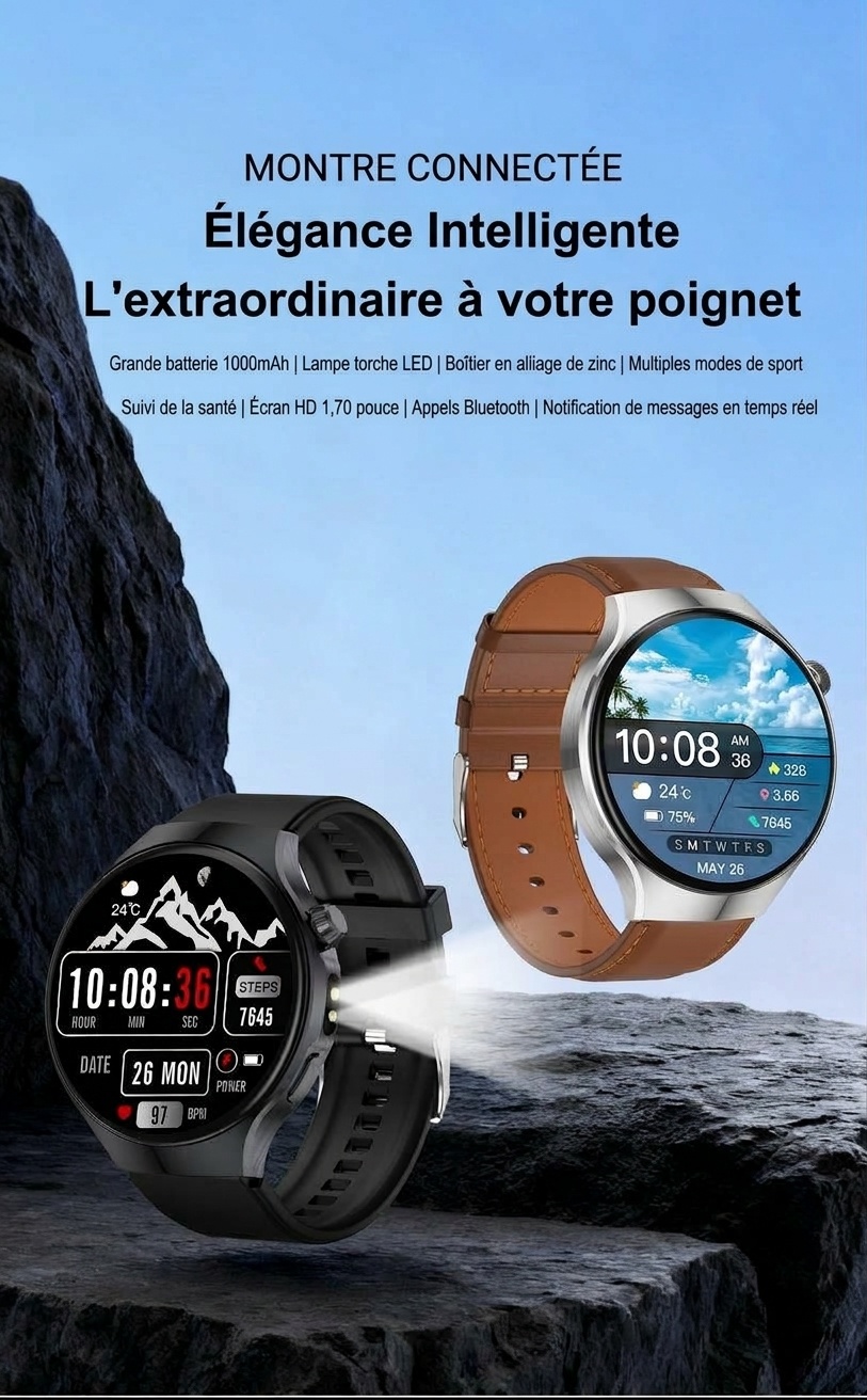 Montre connectée JU126 avec écran rond HD de 1,7 pouce et appels Bluetooth
