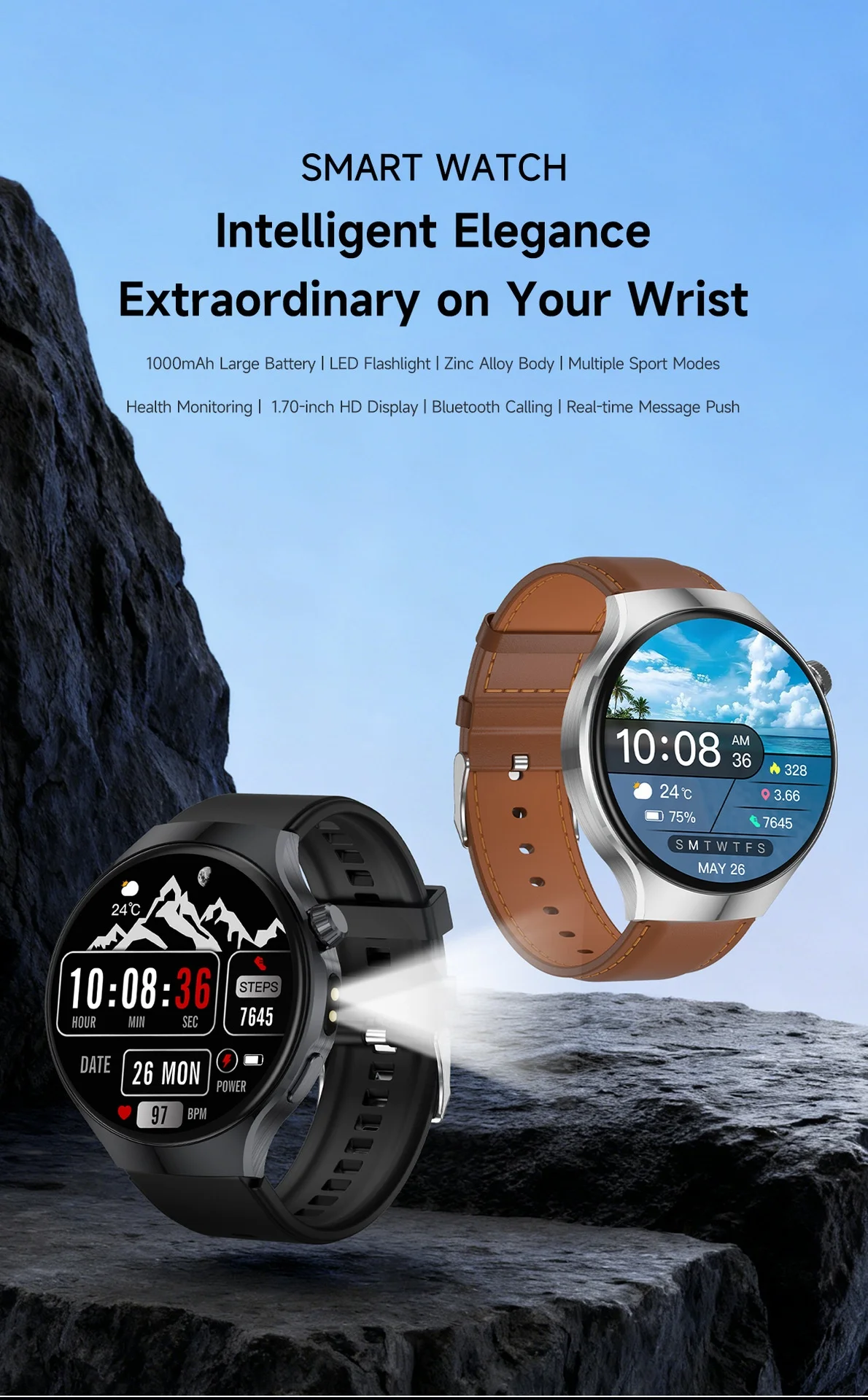 JU126 Smart Watch with 1.7" Round HD Screen & Bluetooth Calling