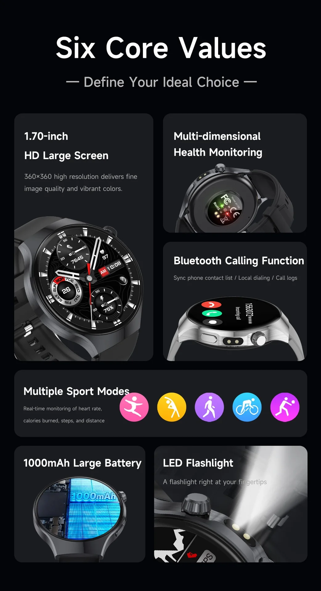 JU126 Smart Watch with 1.7" Round HD Screen & Bluetooth Calling