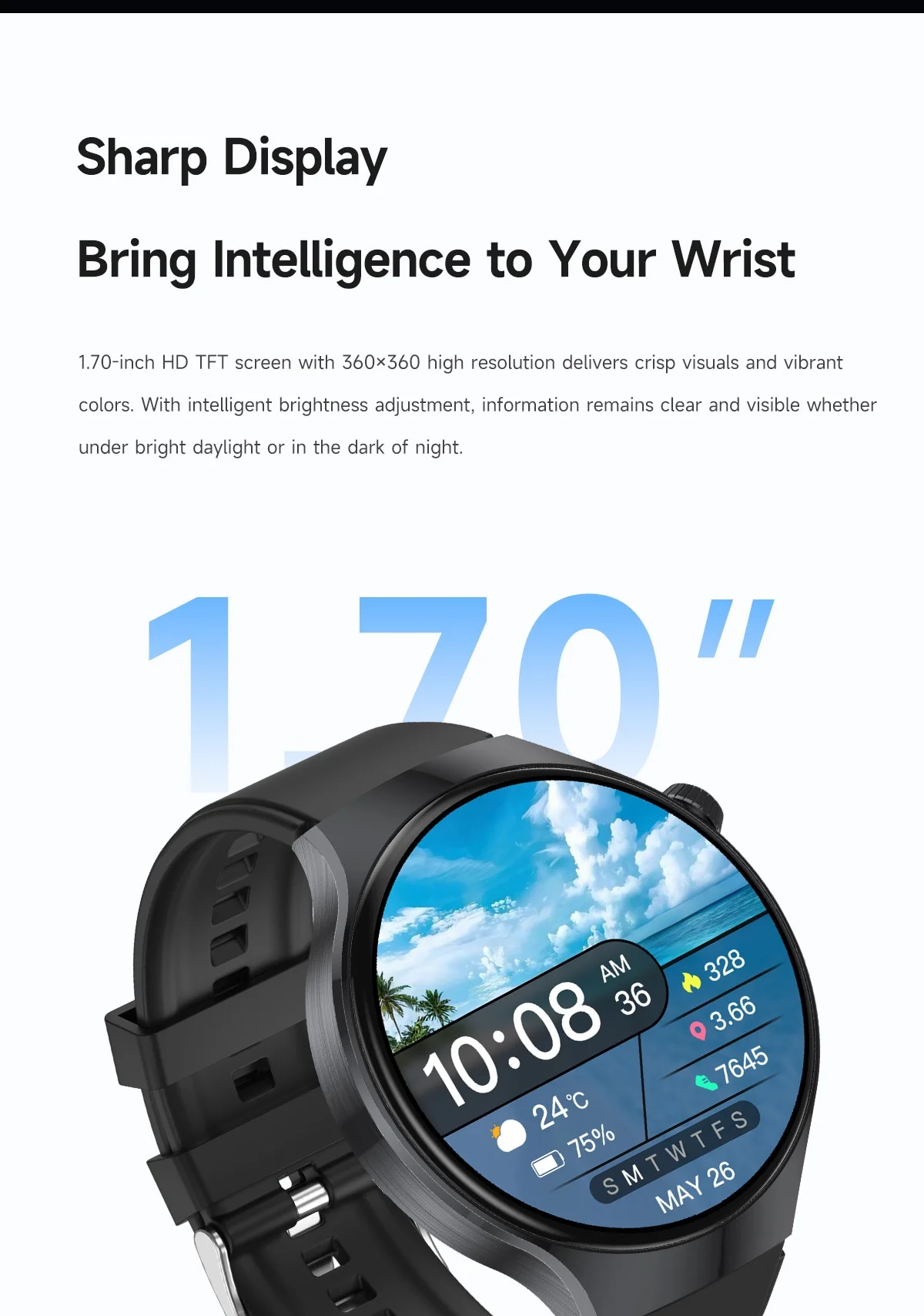 JU126 Smart Watch with 1.7" Round HD Screen & Bluetooth Calling