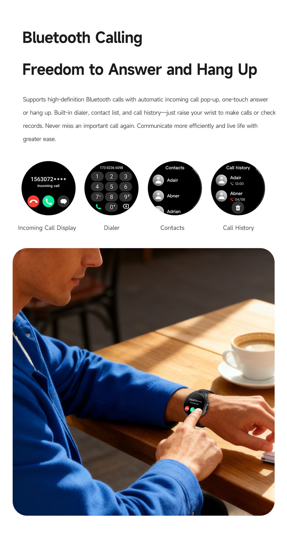 JU126 Smart Watch with 1.7" Round HD Screen & Bluetooth Calling