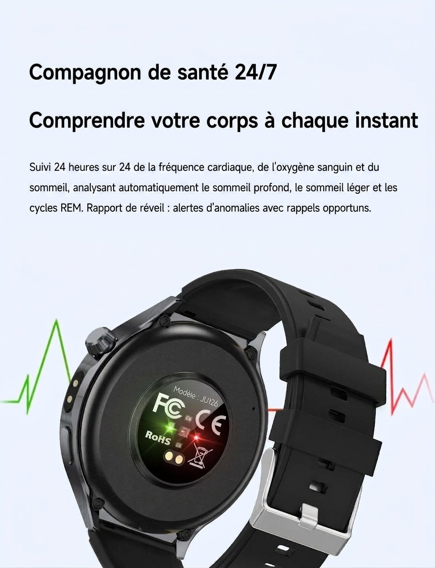 Montre connectée JU126 avec écran rond HD de 1,7 pouce et appels Bluetooth