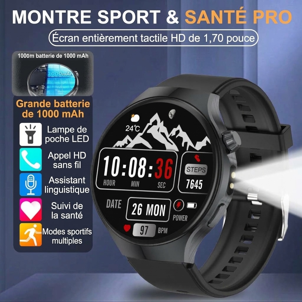 Montre connectée JU126 avec écran rond HD de 1,7 pouce et appels Bluetooth