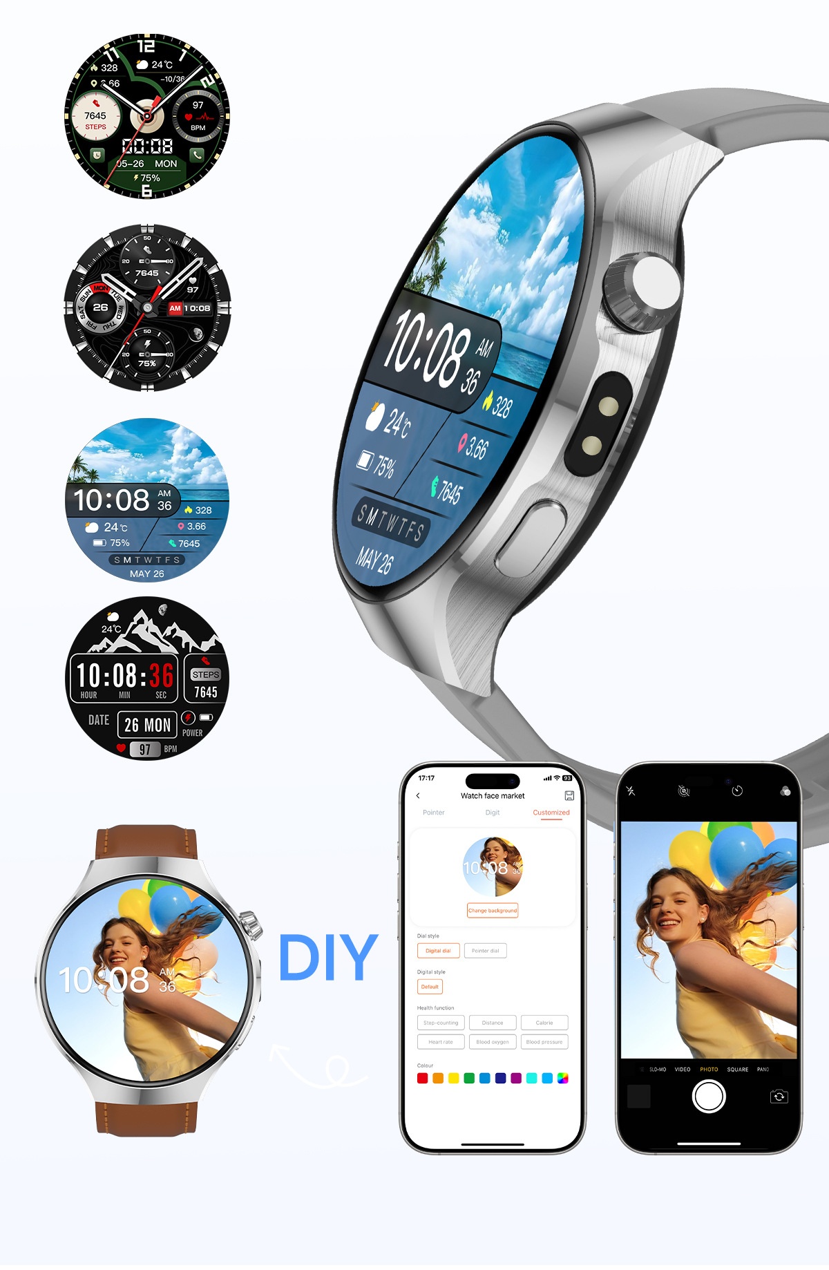 JU126 Smart Watch with 1.7" Round HD Screen & Bluetooth Calling