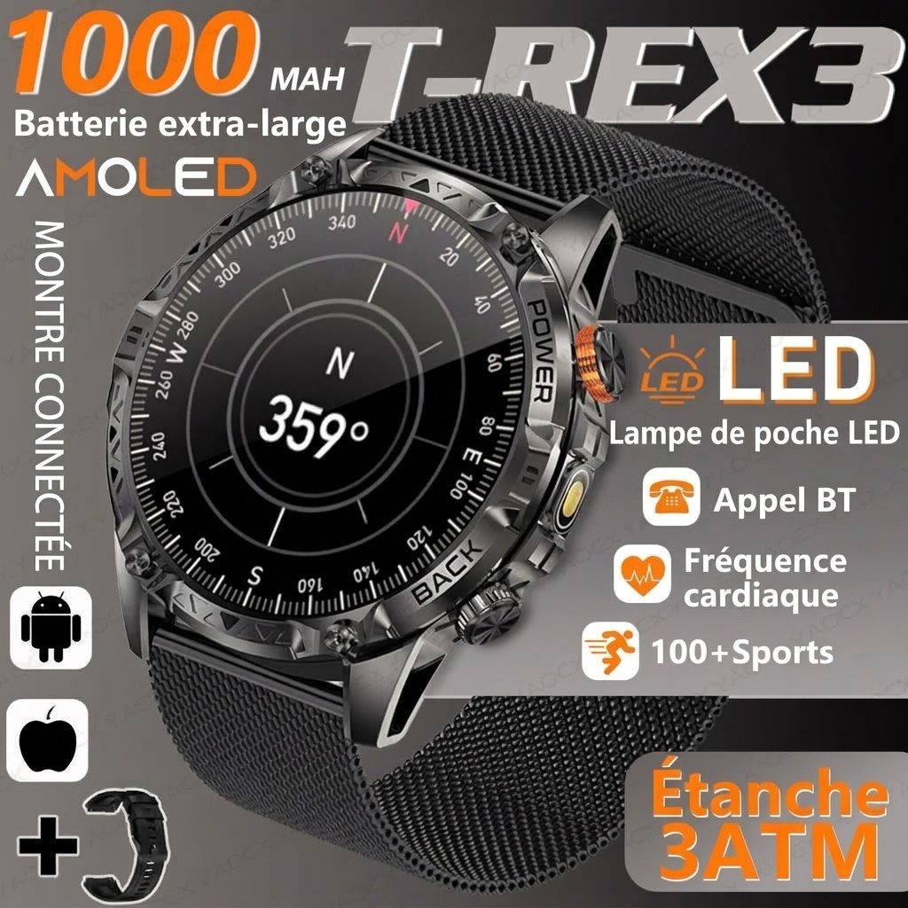 Montre connectée robuste T-REX3 avec écran AMOLED et batterie de 1000 mAh