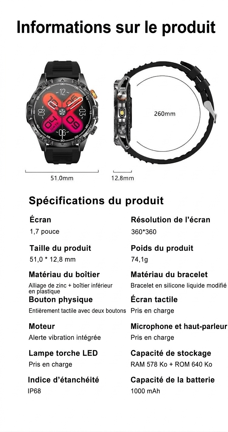 Montre connectée robuste T-REX3 avec écran AMOLED et batterie de 1000 mAh
