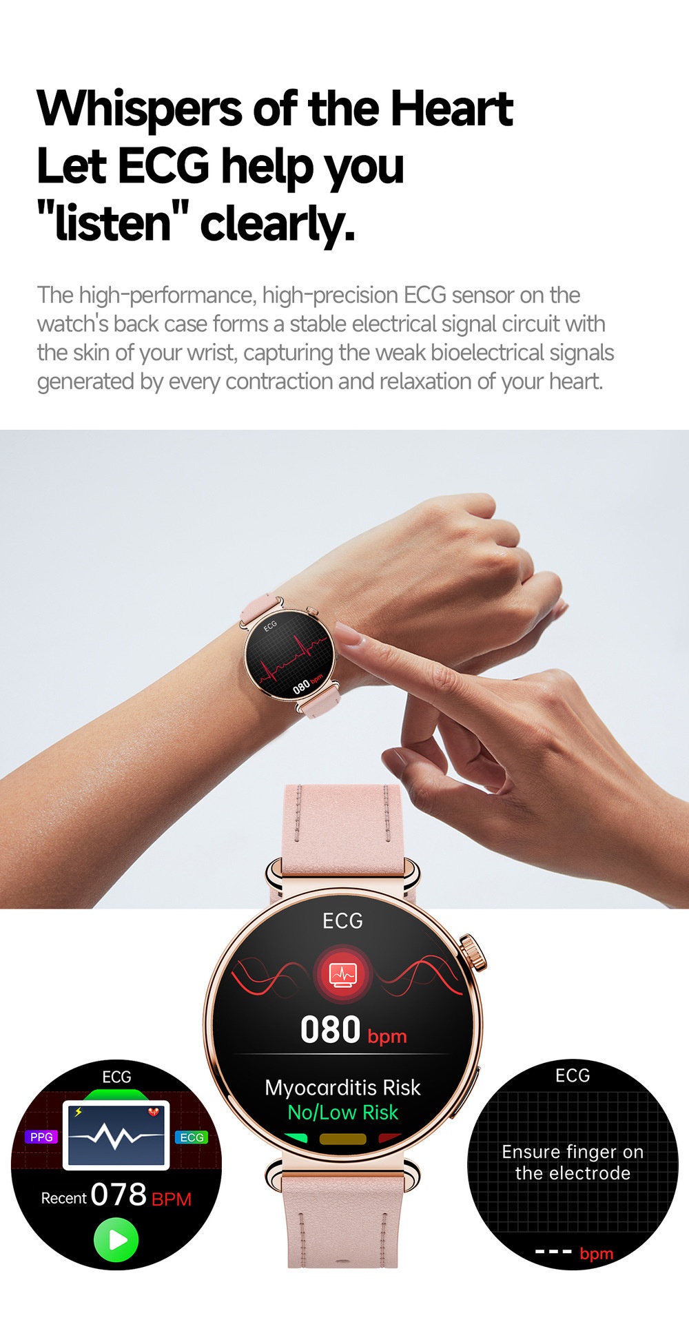 Women's ECG Smart Health Watch with Round AMOLED Touchscreen