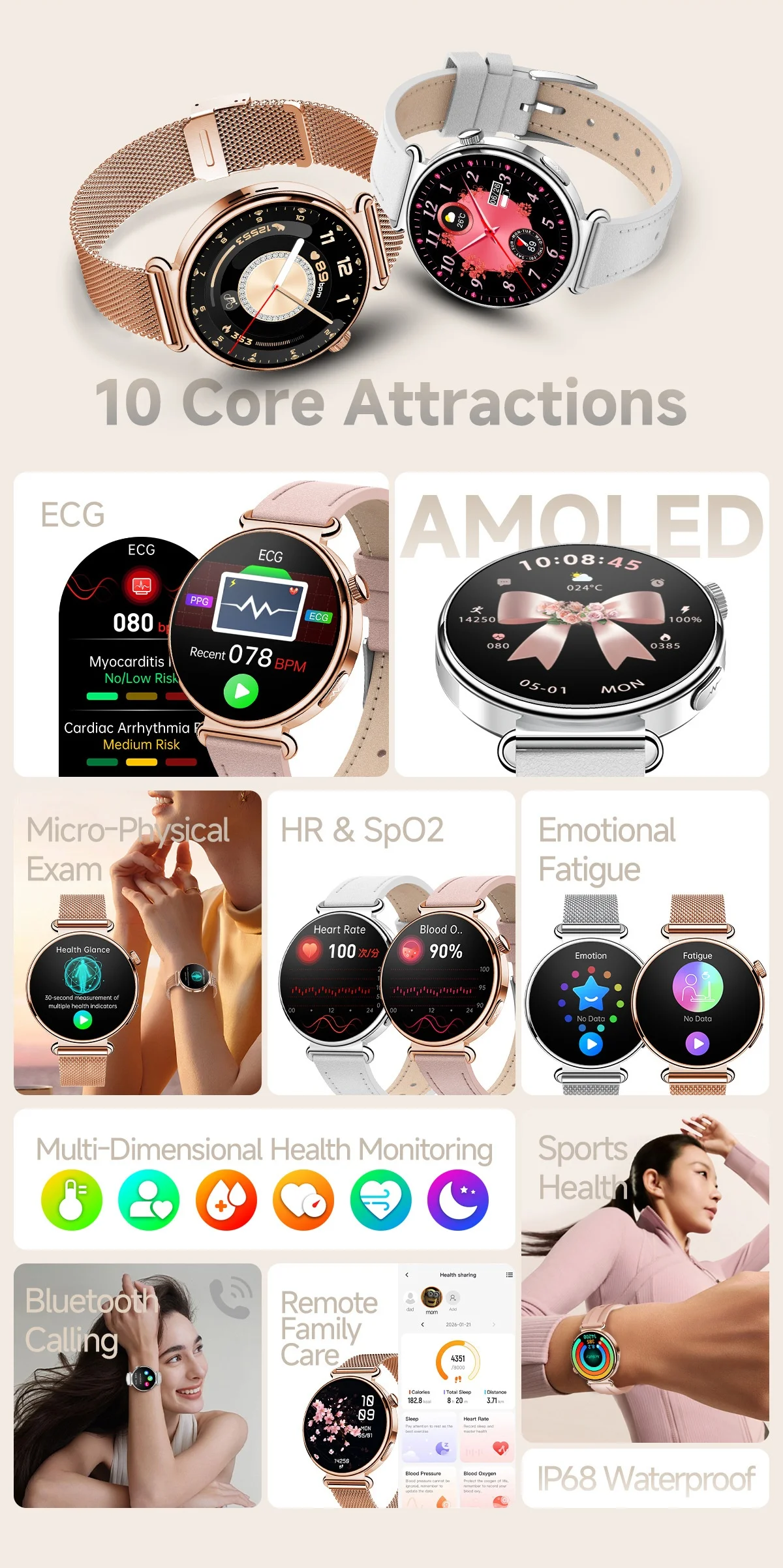 Women's ECG Smart Health Watch with Round AMOLED Touchscreen